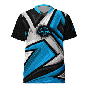 Crank Style's Blue, Grey, & Black Racing Style Check UPF50+ Unisex Mountain Bike Jersey  Looking for the perfect Mountain Bike jersey? We have you covered—made of 100% recycled polyester fabric; this shirt is breathable, moisture-wicking, and has a double-layered v-neck collar that creates a premium look.