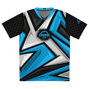 Crank Style's Blue, Grey, & Black Racing Style Check UPF50+ Unisex Mountain Bike Jersey  Looking for the perfect Mountain Bike jersey? We have you covered—made of 100% recycled polyester fabric; this shirt is breathable, moisture-wicking, and has a double-layered v-neck collar that creates a premium look.