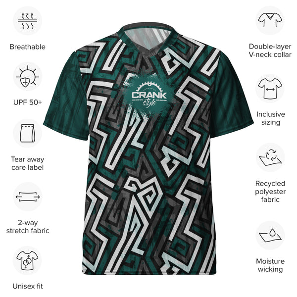 Teal, Grey, & Black Graffiti UPF50+ Unisex V-Neck Mountain Bike Jersey