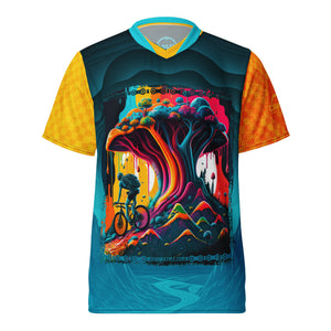 Crank Style's Magic Forest UPF50+ UNISEX V-NECK MOUNTAIN BIKE JERSEY  Crafted from 100% recycled polyester fabric, this Mountain Bike jersey is designed to promote breathability and wick away excess moisture. At the same time, the double-layered v-neck collar provides a sleek and sophisticated appearance.