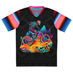Crank Style's Bright Day od Dead UPF50+ UNISEX V-NECK MOUNTAIN BIKE JERSEY  This MTB jersey is crafted from 100% recycled polyester fabric, designed to encourage both breathability and wicking away moisture. Its double-layered v-neck collar provides a chic and polished look, perfect for injecting some vibrancy into your trail rides this season.