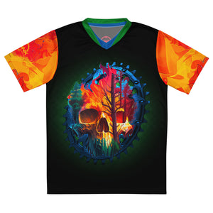 Crank Style's Chainring Skull Tree UPF50+ UNISEX V-NECK MTB JERSEY  This MTB jersey is crafted from 100% recycled polyester fabric, designed to encourage both breathability and wicking away moisture. Its double-layered v-neck collar provides a chic and polished look, perfect for injecting some vibrancy into your trail rides this season.
