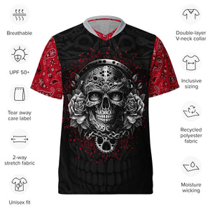 Crank Style's DAY OF DEAD RED BANDANA UPF50+ UNISEX MOUNTAIN BIKE V-NECK JERSEY  This unisex Mountain Bike V-Neck Jersey is crafted from 100% recycled polyester for a breathable, moisture-wicking fit. Its double-layered v-neck collar elevates the design for a refined aesthetic.