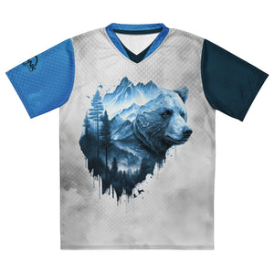 Crank Style's UNISEX Bear MTN UPF50+ V-Neck MTB Jersey  Constructed from recycled polyester fabric, this UPF50+ V-Neck Mountain Bike Jersey offers breathability and moisture-wicking properties for maximum comfort. Its double-layered v-neck offers a stylish, professional look.
