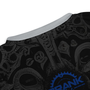 Crank Style's Day of Dead Bandana UPF50+ Unisex Mountain Bike V-Neck Jersey  This unisex Mountain Bike V-Neck Jersey is crafted from 100% recycled polyester for a breathable, moisture-wicking fit. Its double-layered v-neck collar elevates the design for a refined aesthetic.