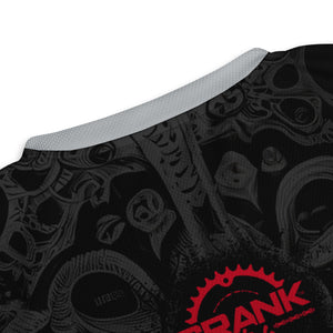 Crank Style's DAY OF DEAD RED BANDANA UPF50+ UNISEX MOUNTAIN BIKE V-NECK JERSEY  This unisex Mountain Bike V-Neck Jersey is crafted from 100% recycled polyester for a breathable, moisture-wicking fit. Its double-layered v-neck collar elevates the design for a refined aesthetic.