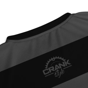 Crank Style's Classic Black & Grey Stripe UPF50+ V-Neck MTB Jersey  Crafted from 100% recycled polyester fabric, this Mountain Bike jersey is designed to promote breathability and wick away excess moisture. At the same time, the double-layered v-neck collar provides a sleek and sophisticated appearance.