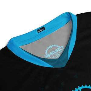 Crank Style's Blue Matrix Recycled UPF50+ Fabric - Unisex Mountain Bike Jersey  Looking for the perfect Mountain Bike jersey? We have you covered—made of 100% recycled polyester fabric, this shirt is breathable, moisture-wicking, and has a double-layered v-neck collar that creates a premium look. The Blue "Matrix" pattern fades to black on the front, back, and sleeves, leaving you with a badass shirt to shred. 