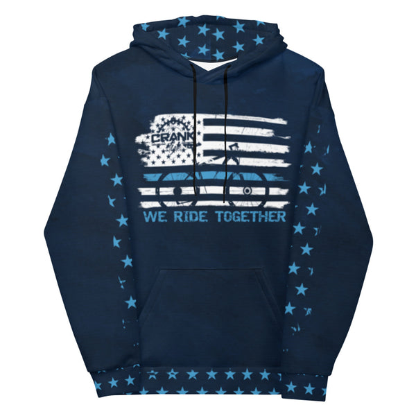 Crank Style's Thin Blue Line hoodie, "We Ride Together" is comfy unisex hoodie has a soft outside with a vibrant print, and an even softer brushed fleece inside. Has the Crank Style Bike chain emblem on the back with Law enforcement colors blue and white on the blue hoodie. Classic!! Great for casual or shredding the trails. 