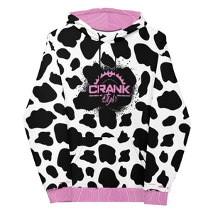 Crank Style's Mountain Bike Cow pattern hoodie with pink topographic highlights. Complete with a blue eyes cow head on the back and mountain bike. This will turn heads as you shred the trails or hand out with your friends all while respresenting you passions. 