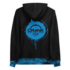 Crank Style's Over Ride Topographic pattern fleece hoodie for shredding the trails in colder temps or hanging out with your friends. This hoodie is super comfortable and unisex. Be ready becuse with the vibrant colors and awesome design you will turn heads. Mountain biking apparel for men and women