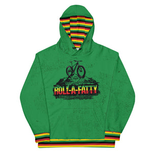 Crank Style's Rasta RollaFatty brushed fleece pullover hoodie. Bright green design with the classic RollAFatty Design and the Rasta Arizona Flag on the back. Get ready to shred the mountain bike trails and turn heads while doing it. Unisex design so men, women and kids can wear this baby and Crank in Style.