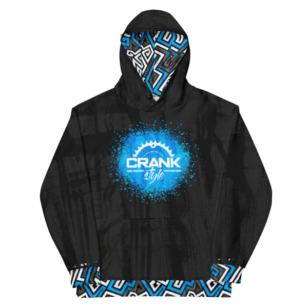 Crank Style's Mountain Bike Blue, Grey, Black and white graffiti style hoodie. This comfy unisex hoodie has a soft outside with a vibrant print and an even softer brushed fleece inside. The hoodie has a relaxed fit, and it's perfect for wrapping yourself into on a chilly evening by the campfire.