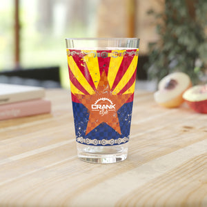 Crank Style's Arizona Flag with bike chain and checkers 16oz Beer Pint Glass, custom printed. Great to consume your favorite beverage after shredding the trails with your buddies.  