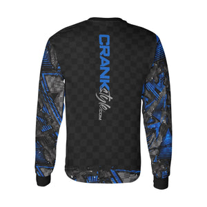 Crank Style's Men's Black, Blue, & Grey Graffiti-Checker Long Sleeve MTB Jersey. Solid Black cuffs and collar