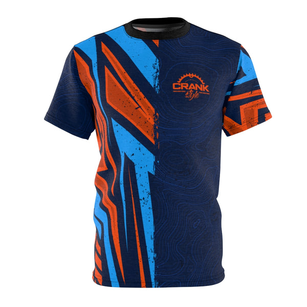 Orange & Blue Racing stripes with blue topographic pattern crank style drifit microfiber mountain bike jersey. This one has High Gear Bike shop colors. Prescott Arizona. Whiskey offroad