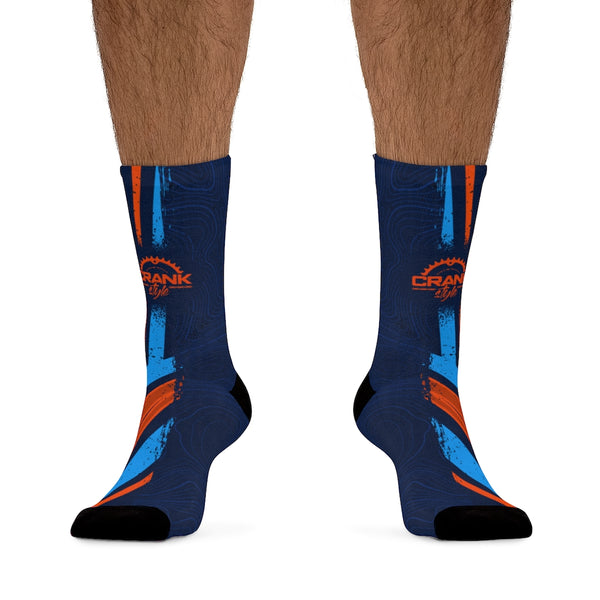 Blue & Orange Racing Stripes & Topographic 3/4 MTB Socks - Crank Style