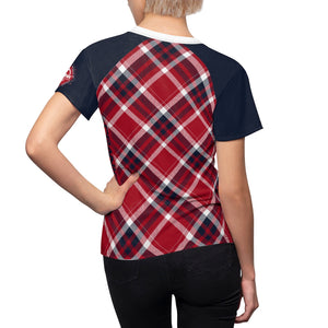 Crank Style's Red white and Blue Plaid MTB  Short Sleeve Jersey for women . Drifit microfiber material that wickens the moisture away from the body as you shred the trails. Makes riding more comfortable and fun when your clothes perform and look great while doing what you love!