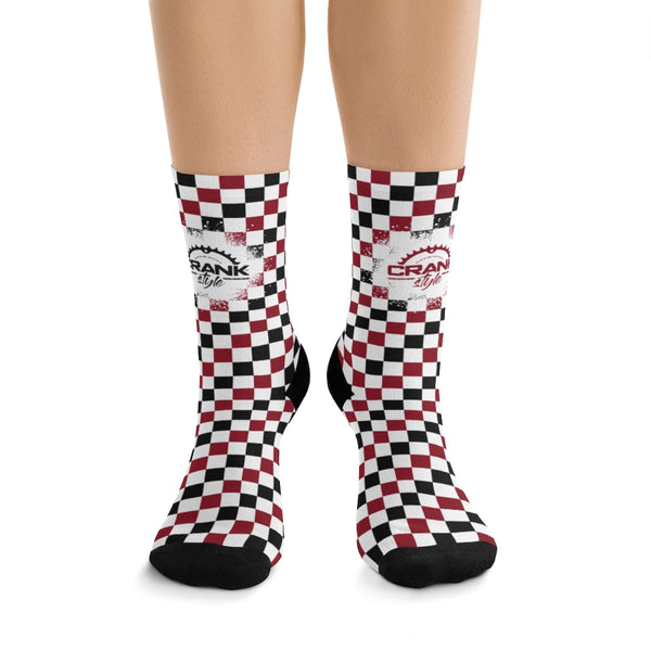 Red, Black and White Checkerboard Mountain bike athletic breathable socks. These are great for Wisconsin Badger fans that love to ride bikes or just wear as spirit wear!!