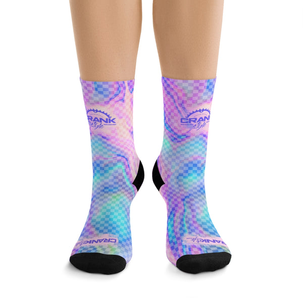 purple, aqua and pink fantasy chexkboard pattern mountain bike cycling socks. these perform in all conditions. breathable and stylish. now you can crank in style, with crank style socks! matching unicorn mtb cycling jersey