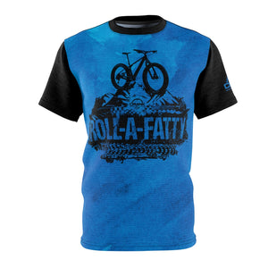 Crank Style's Original RollaFatty MTB Jersey. Blue texture with black sleeves. Customer's favorite and staff pick!! Grab yours today and roll out!