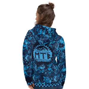 Crank Style's Digital Blue Camo and Checkerboard MTB Pull over Hoodie. This comfy unisex hoodie has a soft outside with a vibrant print, and an even softer brushed fleece inside. The hoodie has a relaxed fit, and it's perfect for wrapping yourself into on a chilly ride or hanging out with your friends. Made in USA